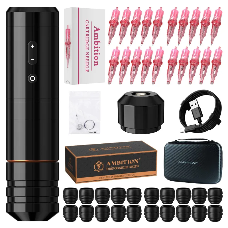 Ambition Tattoo Ninja Plus Wireless Tattoo Machine Kit with battery, cams, and accessories