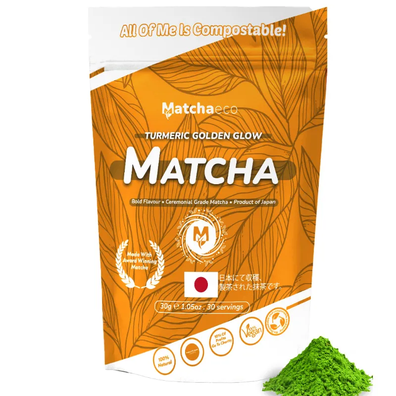 Matchaeco Turmeric Golden Glow Matcha compostable pouch of 30g green tea powder blend