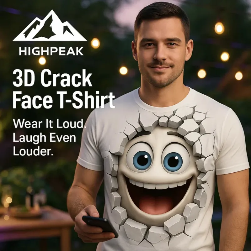 HighPeak 3D Crack Face T-Shirt, a tee printed with a cracked wall and cartoon face illusion