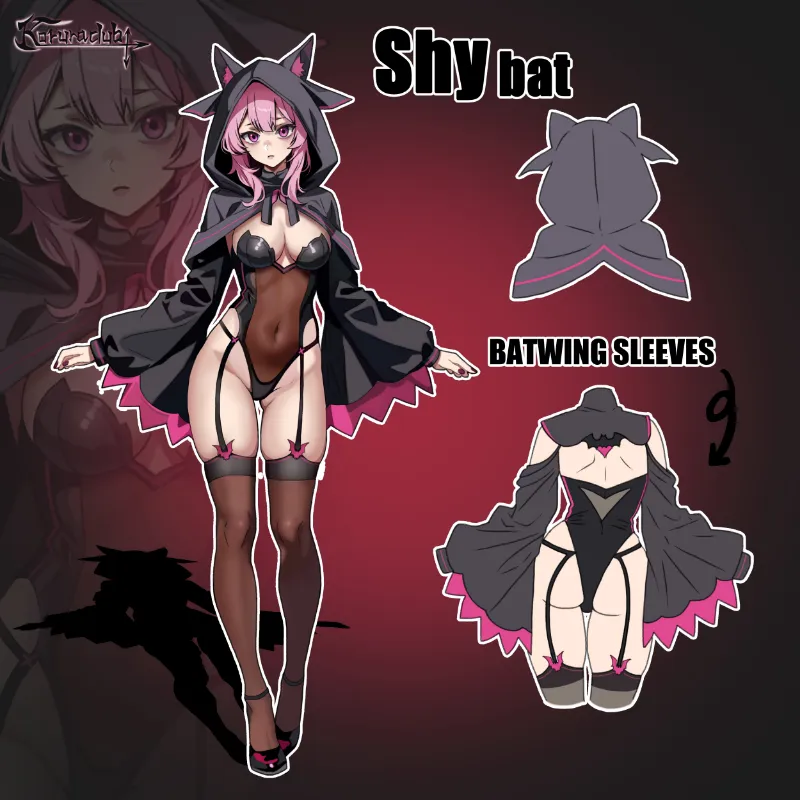 Koruraclub Cosplay Shy Bat Lingerie KO47 set with hoodie, bodysuit, batwing sleeves, and stockings