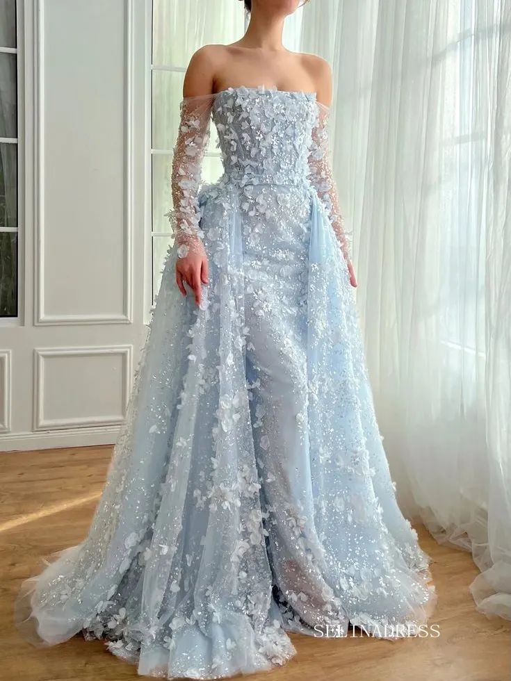 Selinadress 3D Floral Lace Long Prom Dresses With Overskirt Long Sleeve Evening Dress in tulle mermaid silhouette