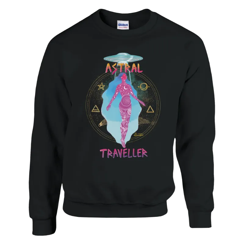 Spirit Nest Astral Traveller Sweatshirt with vibrant celestial design on soft heavy blend fabric