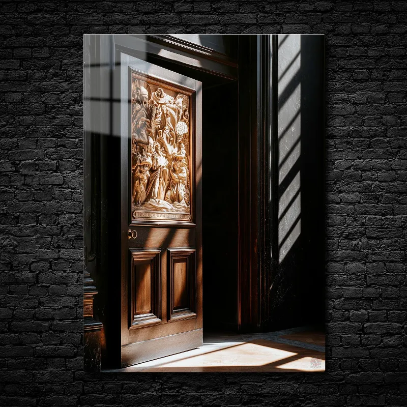 CruArt Radiant Baroque Entrance Metal Print showing ornate wooden door with carved details and natural light
