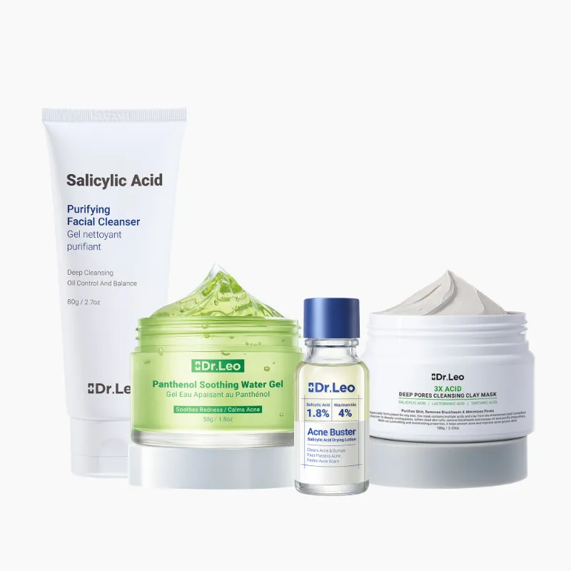 Dr Leo 4-Step Acne Relief and Hydration Kit bundle with cleanser, mask, treatment, and gel