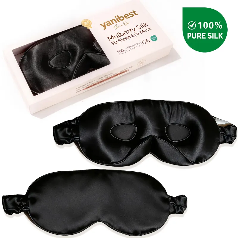 Yanibest Mulberry Silk 3D Sleep Mask in black, contoured silk mask with headband shown