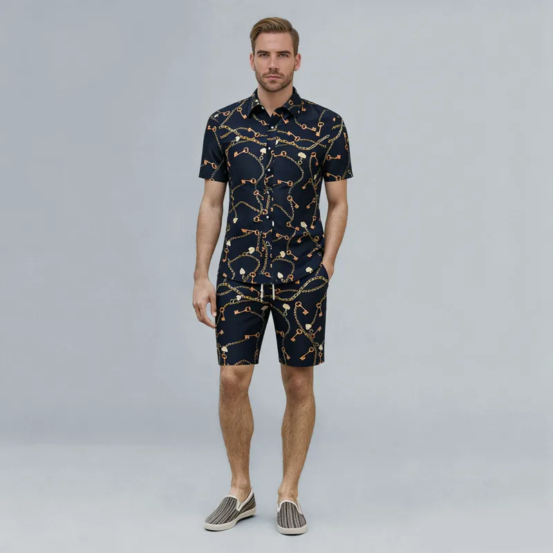 Cloudstyle 2-piece black Hawaii print style summer suit with short-sleeve shirt and shorts