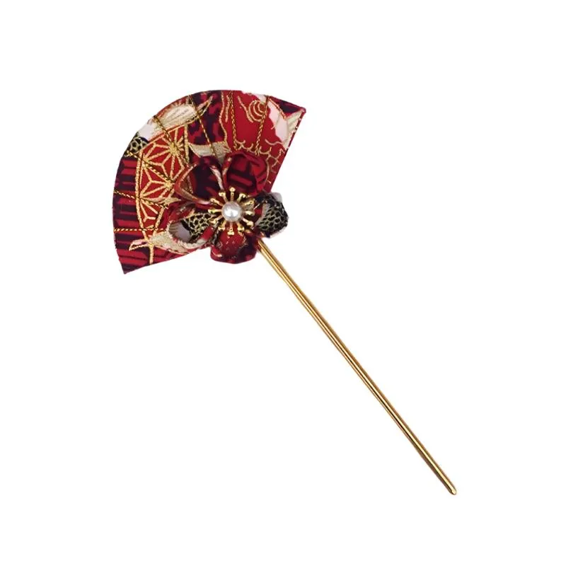 Foxtume Handmade Tsumami Kanzashi Hair Pin Sakura x Hand Fan in red purple and pink