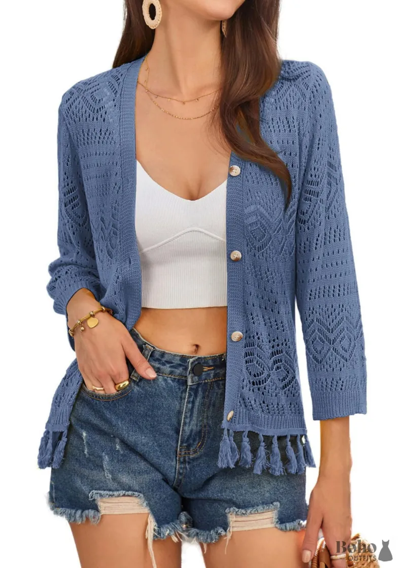 Boho Dress 2024 Style Hollow Out Crochet Knit with Tassels Navy Blue Boho Cardigan showing the V-neck and tassel fringe