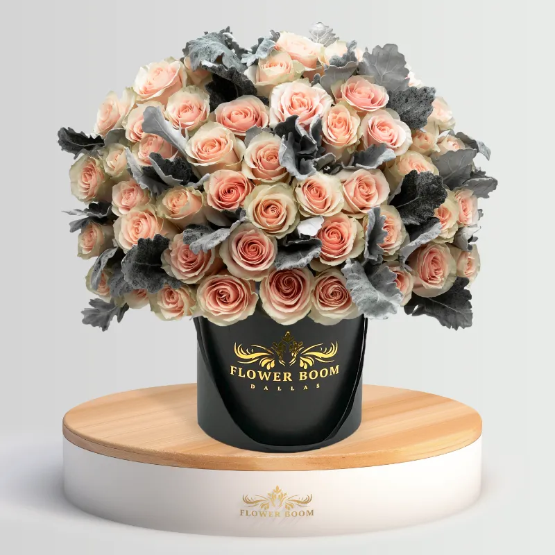 Flower Boom Dallas Peach Dose arrangement with fresh peach roses and dusty miller foliage