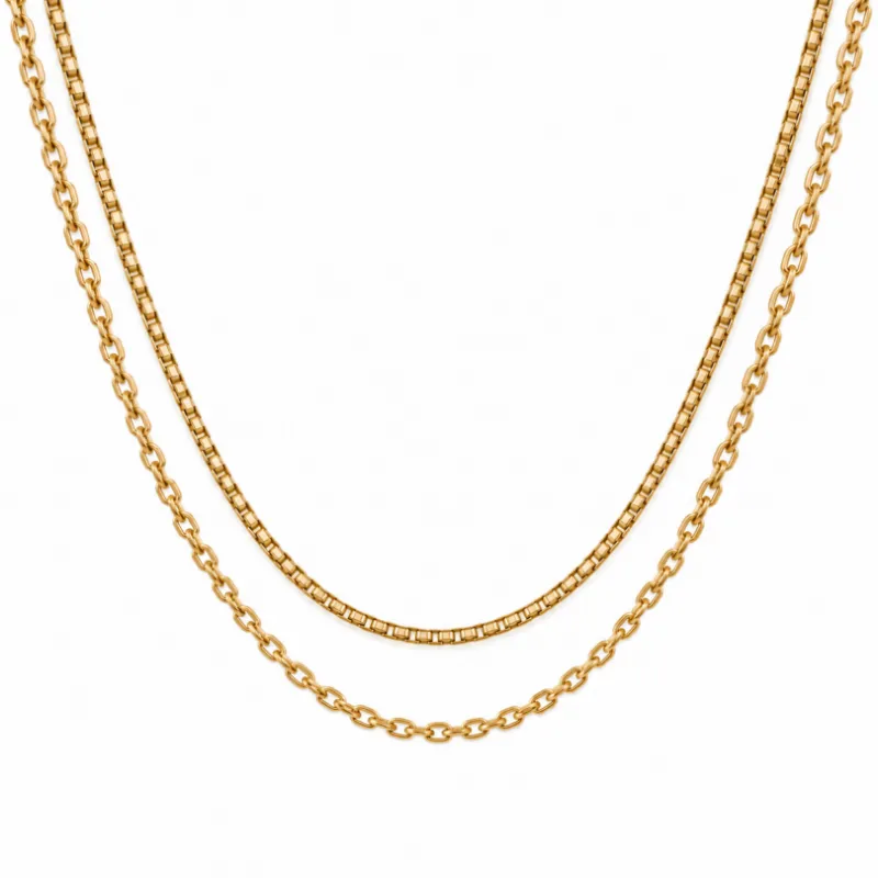 Sleek Fit Jewelry Dyad Set Gold, two layered gold chains photographed against a neutral background
