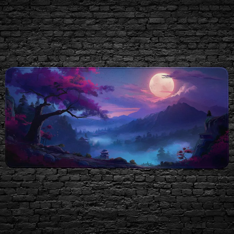 CruArt Moonlit Sakura Valley extended desk mat, Japanese landscape with cherry blossoms and full moon