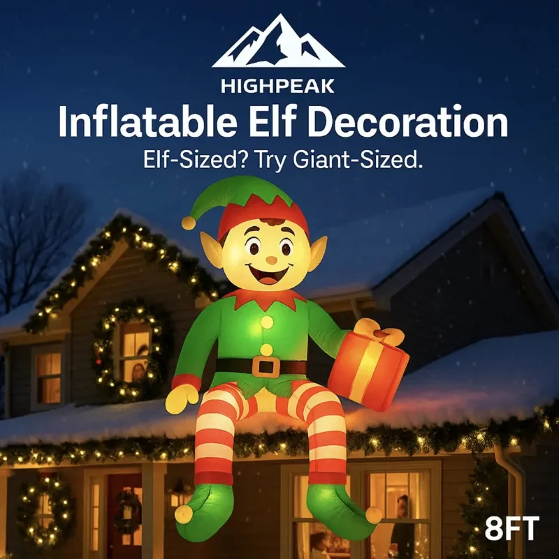 HighPeak 8FT Inflatable Elf Decoration, an 8-foot LED-lit elf holding a gift box on a rooftop