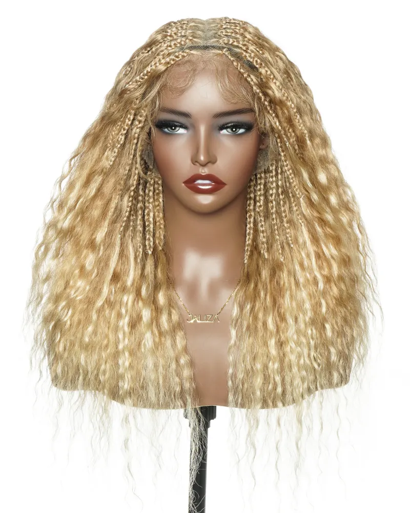 Jaliza 27/613 Blond 22 inch Human Hair Wet & Wavy Curls Pre Bleached HD Full Lace Boho Box Braided Wig