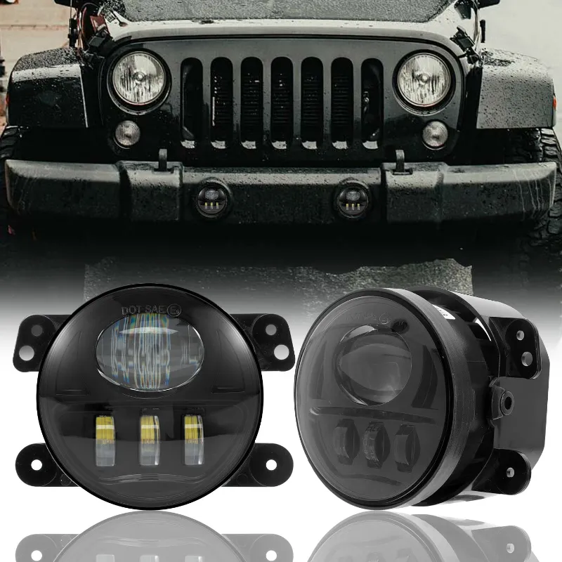 Sunpie 4 inch Black/Chrome 3D Lens 45W LED Fog Lights showing projector housing for 2007-2018 Jeep Wrangler JK JKU