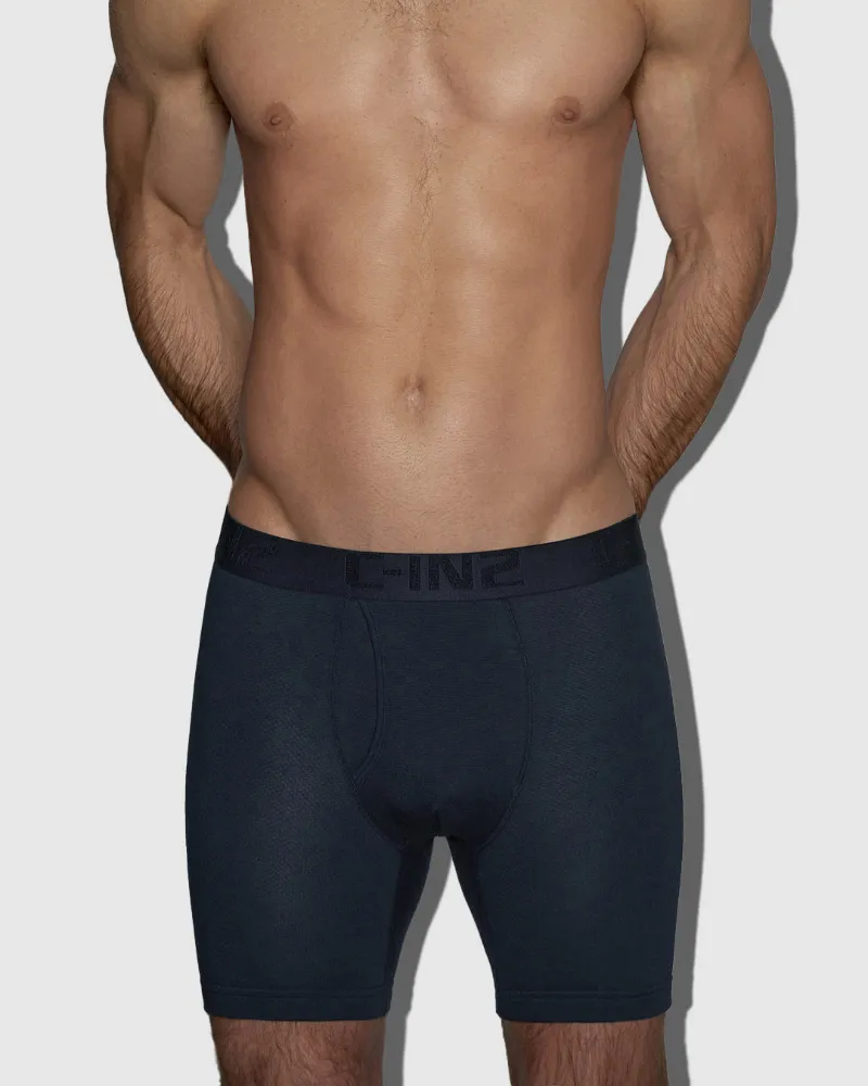 C-IN2 Flex Boxer Brief 7" Inseam Black, black mesh brief with extended length flat lay