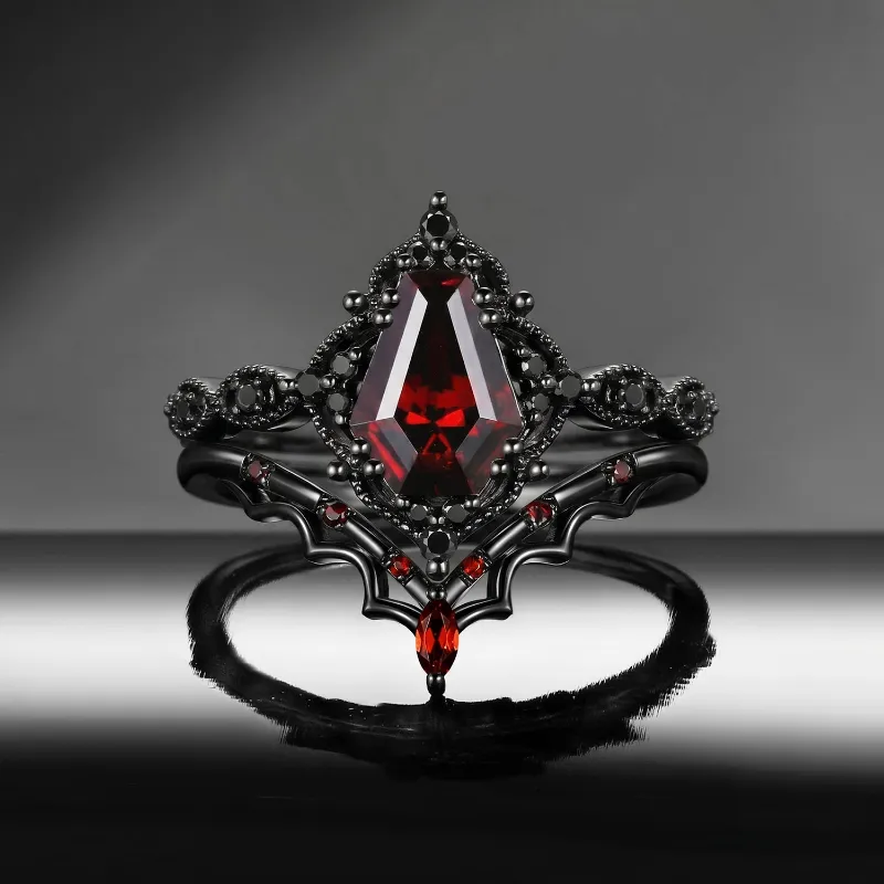 Starlandus Bat's Whisper Gothic Coffin Cut Garnet Alternative Bridal Engagement Ring Set with Bat Wings in Black Gold