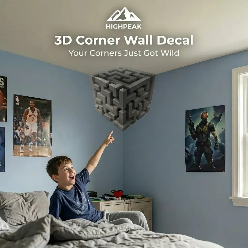 HighPeak 3D Corner Wall Decal, a maze cube sticker creating a corner optical illusion