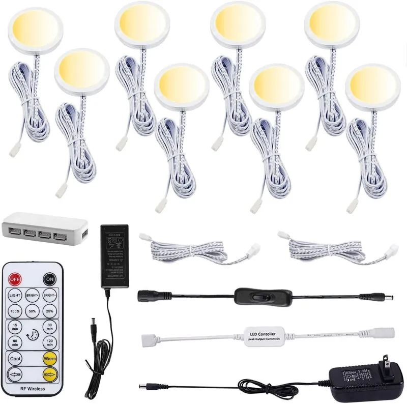 AIBOO LED Under Cabinet Puck Lights 8 pack CCT adjustable with dimmable RF remote controller for kitchen shelf