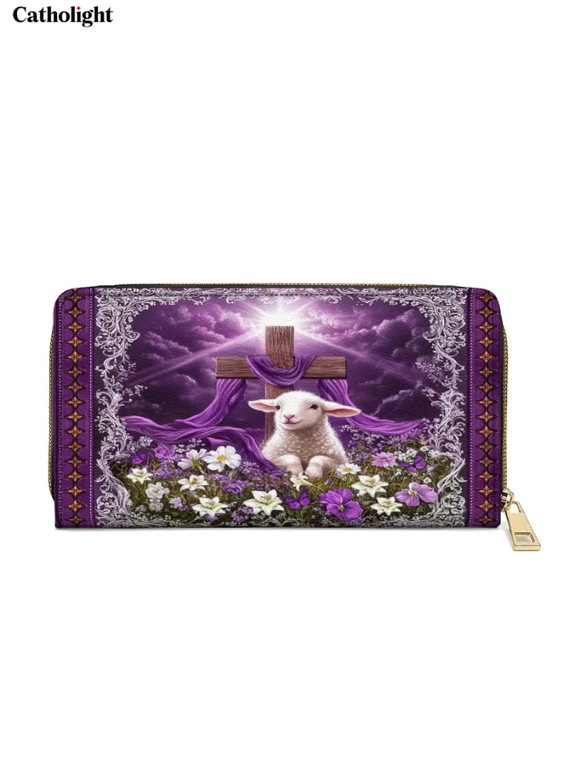 Catholight Eternal Hope - Leather Wallet Purse showing Lamb of God by the Cross with floral details