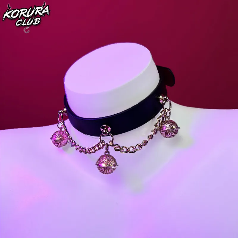 Koruraclub Bell Collar Chain Pendant KA10 black and red cowhide collar with bell and leash