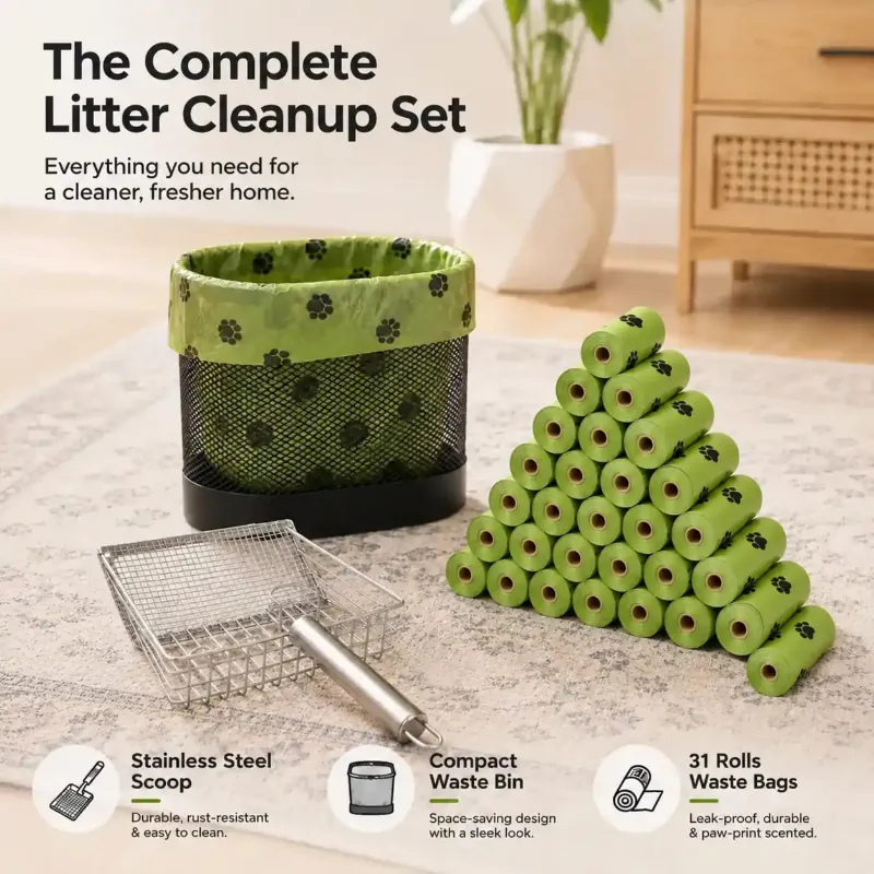 4FurBaby Cat Litter Cleanup Station with Metal Scoop and 31 Rolls of Waste Bags