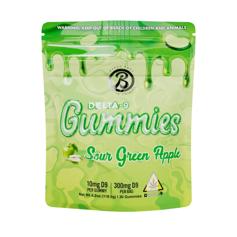 Baked Bags GUMMIES - SOUR GREEN APPLE 30-count pouch of sour green apple THC gummies