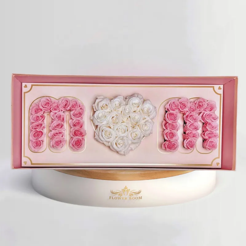 Flower Boom Dallas MOM Rose Box with pink and white roses in long rectangular container