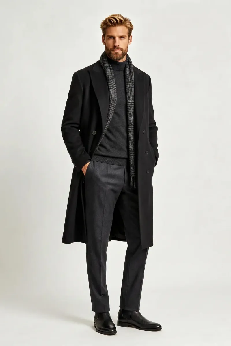 Wehilion Men's Black Double-Breasted Winter Coat shown front-on, pure black longline tailoring with peak lapels