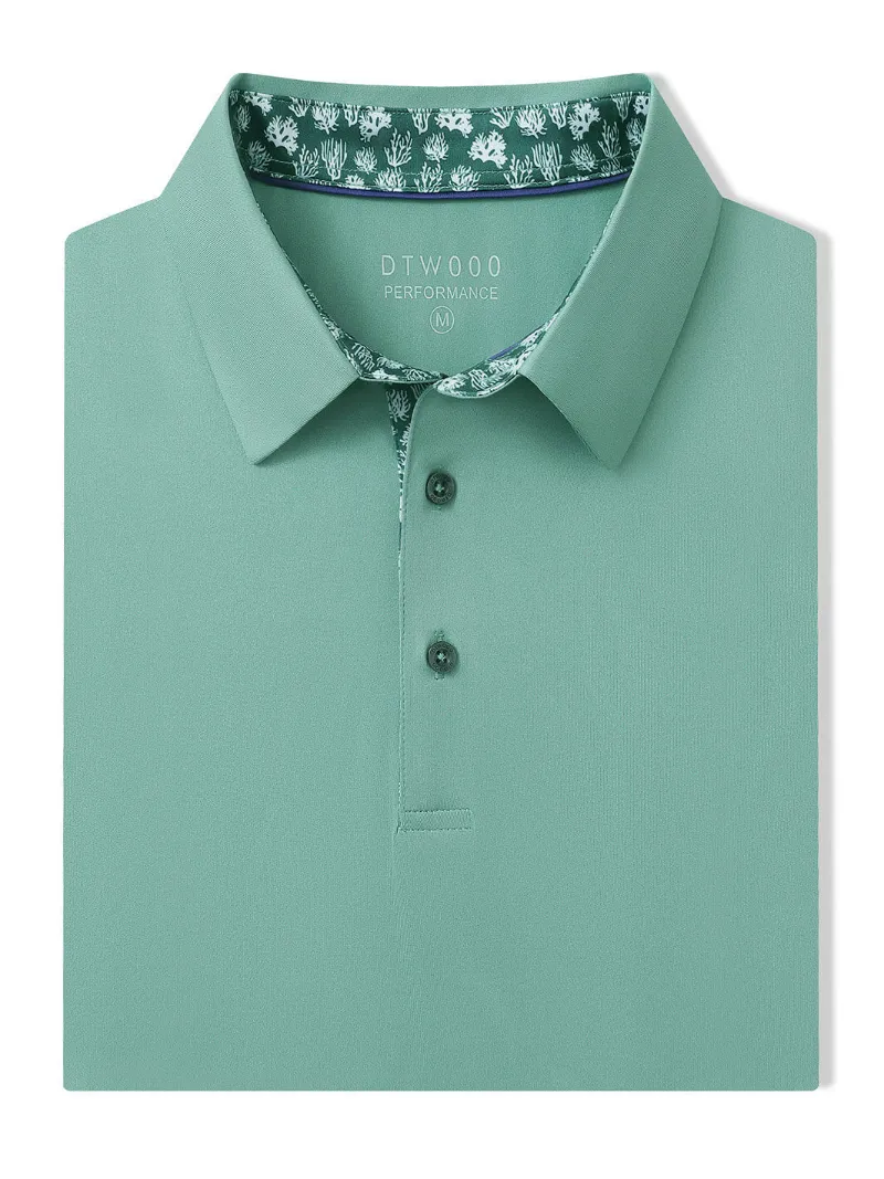 DTWOOO Designed Collared Solid Performance Polo in Beryl Green, front view of golf polo shirt