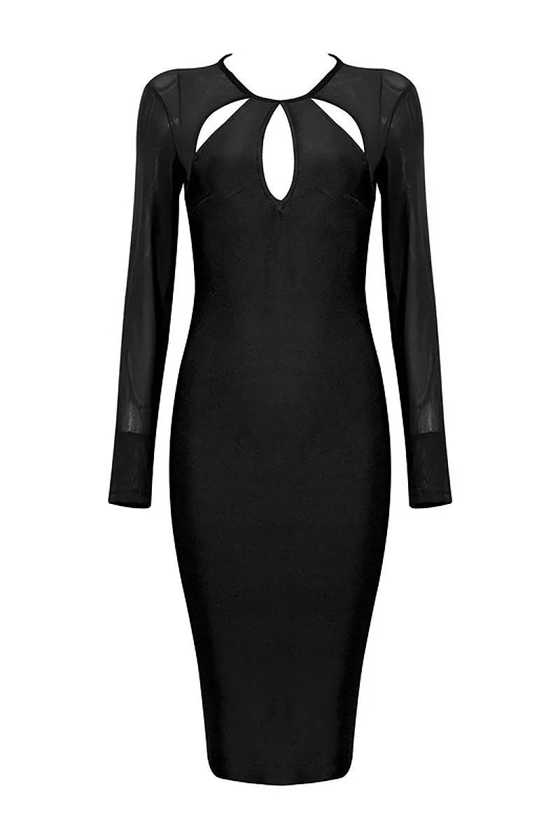 Mislish Black Cut Out Bandage Dress With Long Sleeves, black dress with long sleeves and cut out details