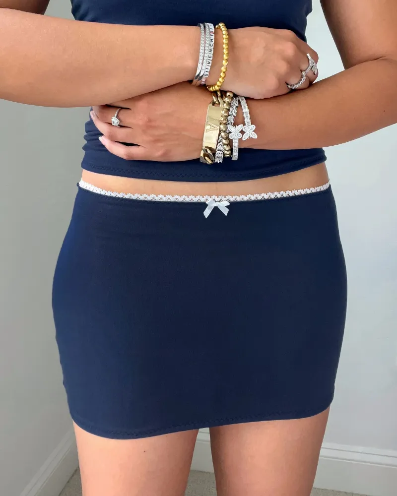 Bit By Angie Atlantic mini skirt in navy blue with white lace elastic