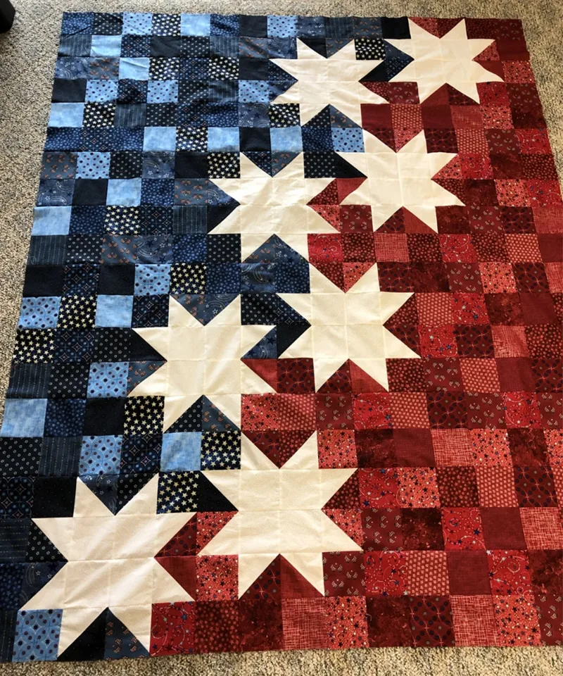 Boho Blanket Americana Brilliance Quilt Pattern, pattern cover with bold patriotic quilt design