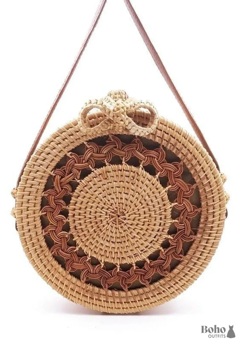 Boho Dress Bohemian Rattan Bag Margaret round woven straw shoulder bag with leather strap