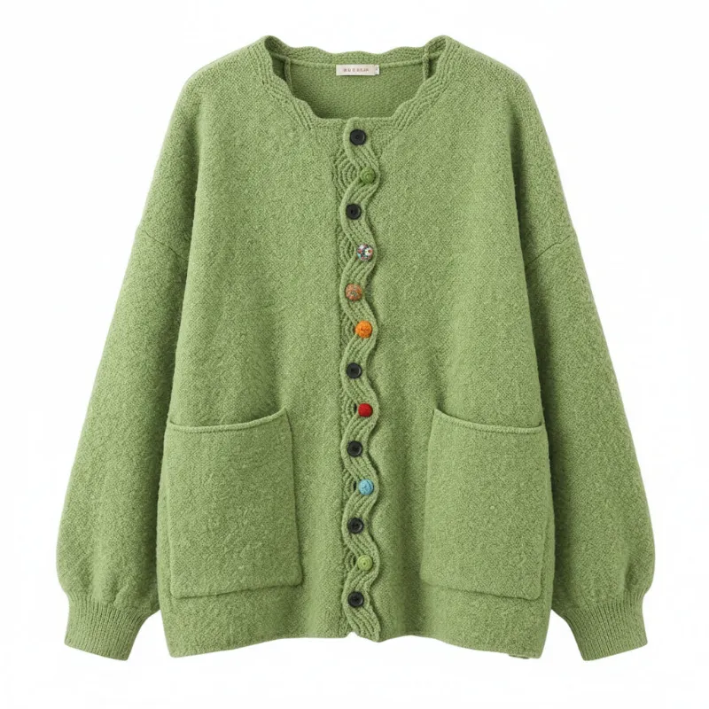 Cottagecore Clothes Cottagecore Knit Jacket in green with rainbow buttons and scalloped trim