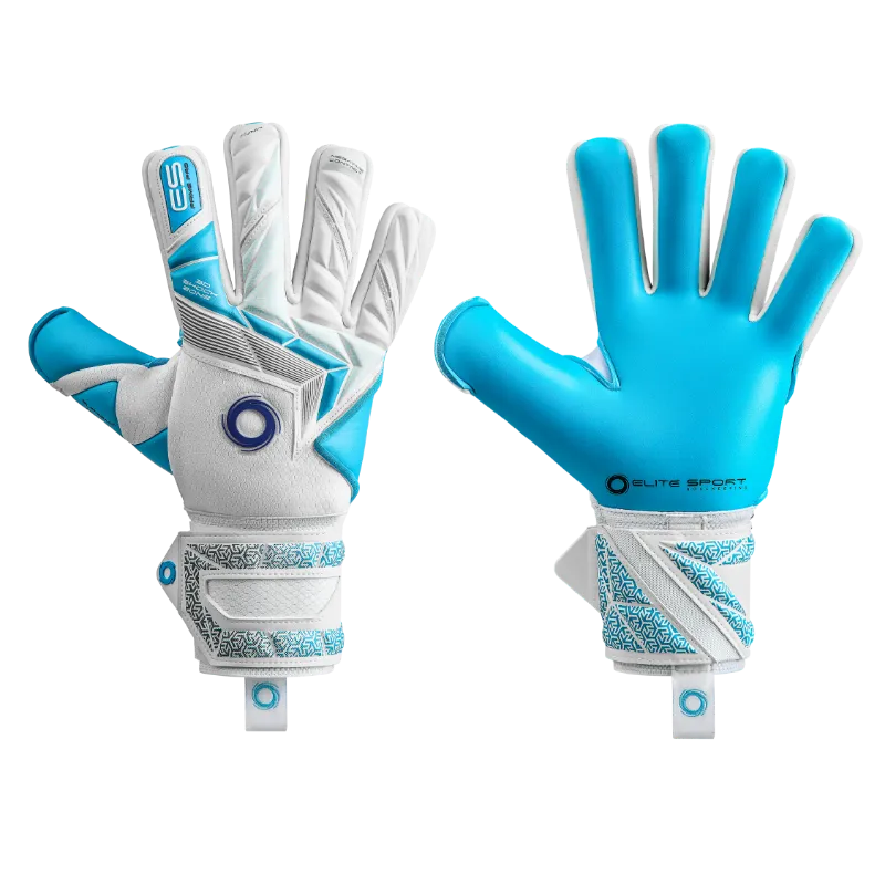 EliteSportUSA Supreme Aqua 2026-2027 Goalkeeper Gloves shown with blue latex palm and embossed backhand
