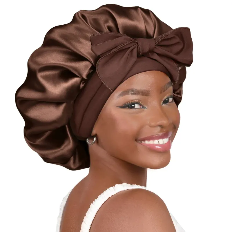 Yanibest Silk Butter Satin Bonnet with Tie Band in brown, close-up of tie band