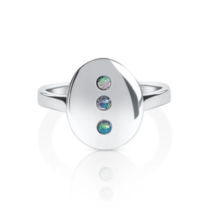 DORSYA October Birthstone Signet Ring with Opal showing three natural gemstones set in textured sterling silver coin top