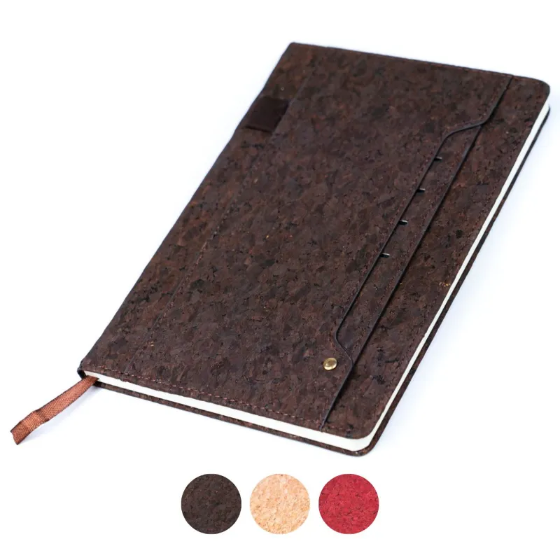Corkadia Cork Diary Notebook with Card and Pen Holder showing cork cover with integrated card slot