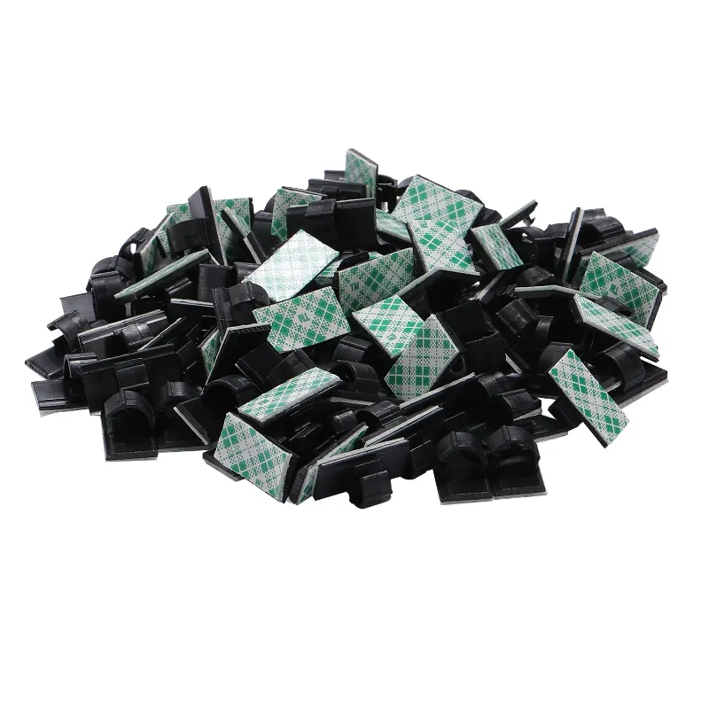 AIBOO 100 Pieces Black Adhesive Cable Clips and Wire Management Wire Cable Holder pack on a surface