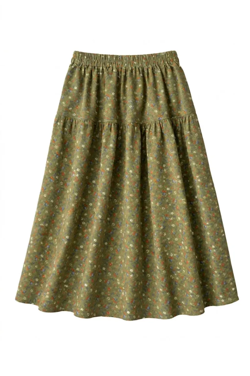 Cottagecore Clothes Midi Skirt in moss green with ditsy floral print and tiered construction