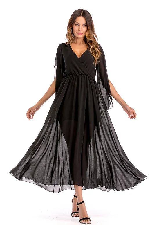 Mislish Black V Neck Slit Sleeve Chiffon Maxi Dress, full-length view