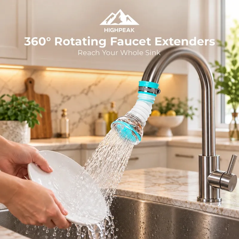 HighPeak 360° Rotating Faucet Extenders fitted to a kitchen faucet, adjustable outlet aimed at a dish