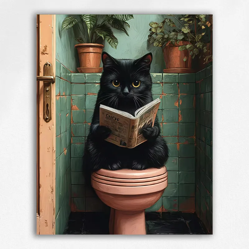 Maikoo Art Black Cat on Pink Loo paint by numbers kit showing whimsical feline bathroom scene