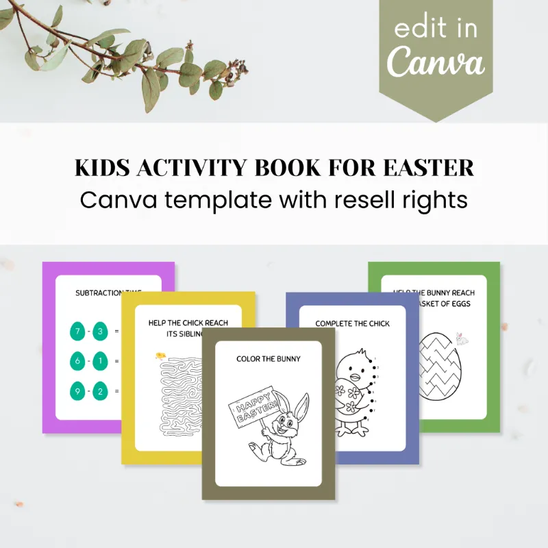Purpose PLR Kids Activity Book for Easter Template showing colorful Easter-themed activity pages in Canva editor