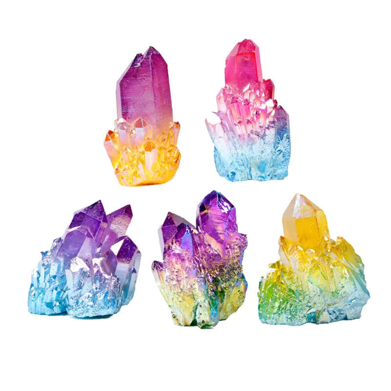 Turix Aura Quartz Colorful Clusters showing iridescent rainbow-coated natural quartz crystal
