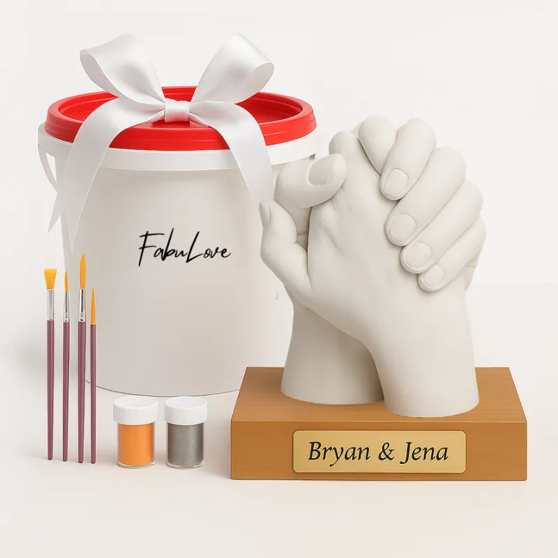 FabuLove Couples Hand Casting Kit showing two hands held together in white cast