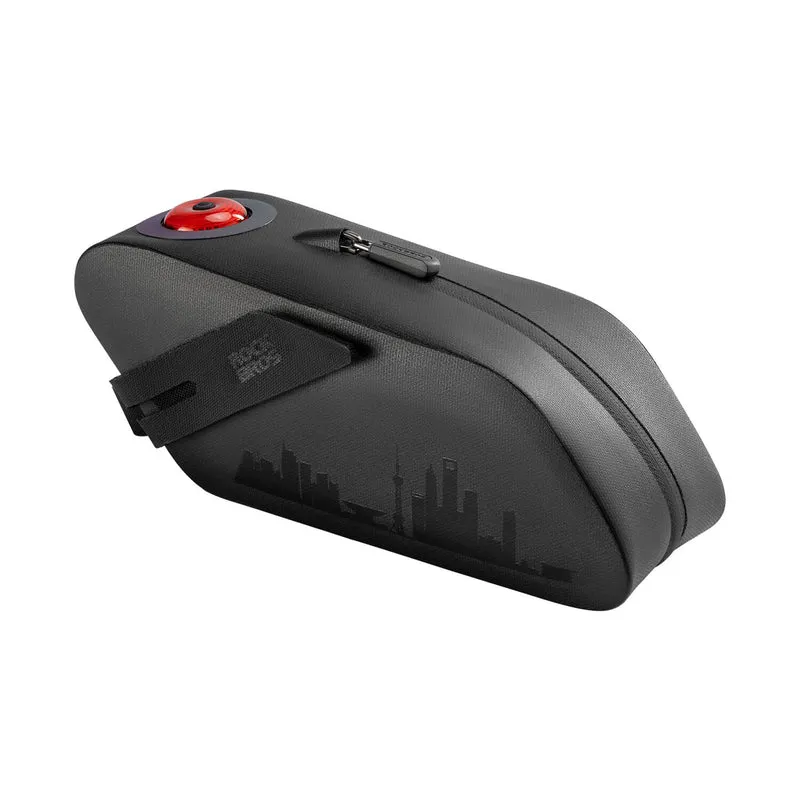 RockBros US 100% Waterproof Bike Saddle Bag with Light showing black saddle-mounted bag with integrated red tail light