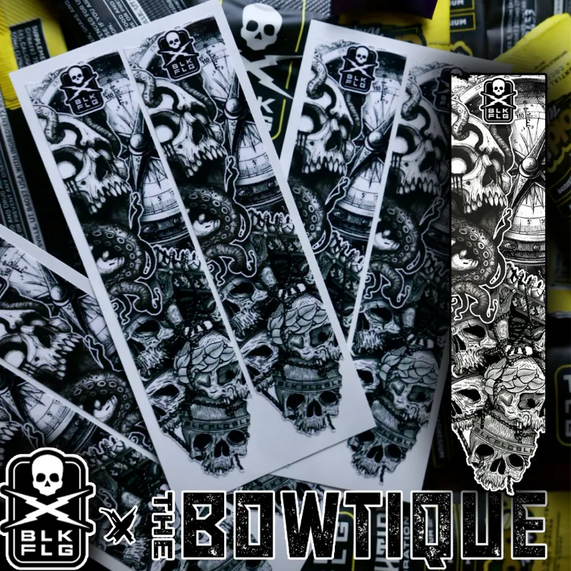 BLK FLG x Bowtique Black Tide Arrow Wraps with skull and nautical artwork on arrow shafts
