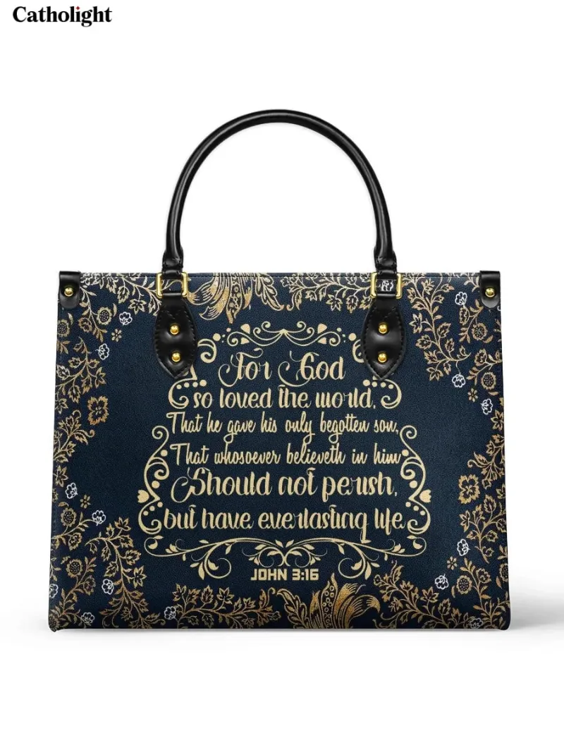 Catholight Everlasting Life Leather Bag showing John 3:16 in gold on navy background