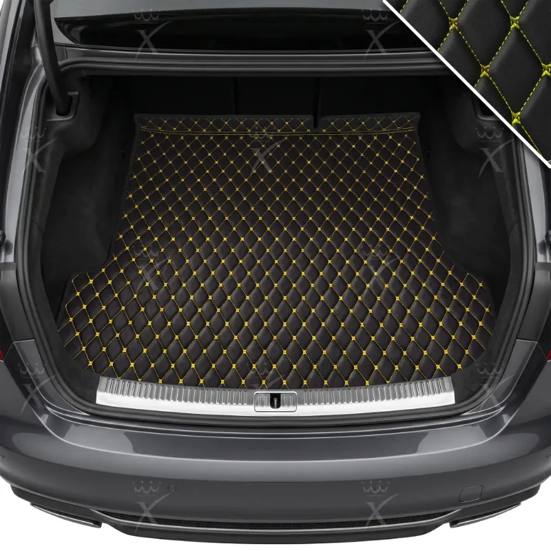 Luxus Car Mats Diamond Base trunk mat with black and yellow diamond stitching fitted in a car cargo area